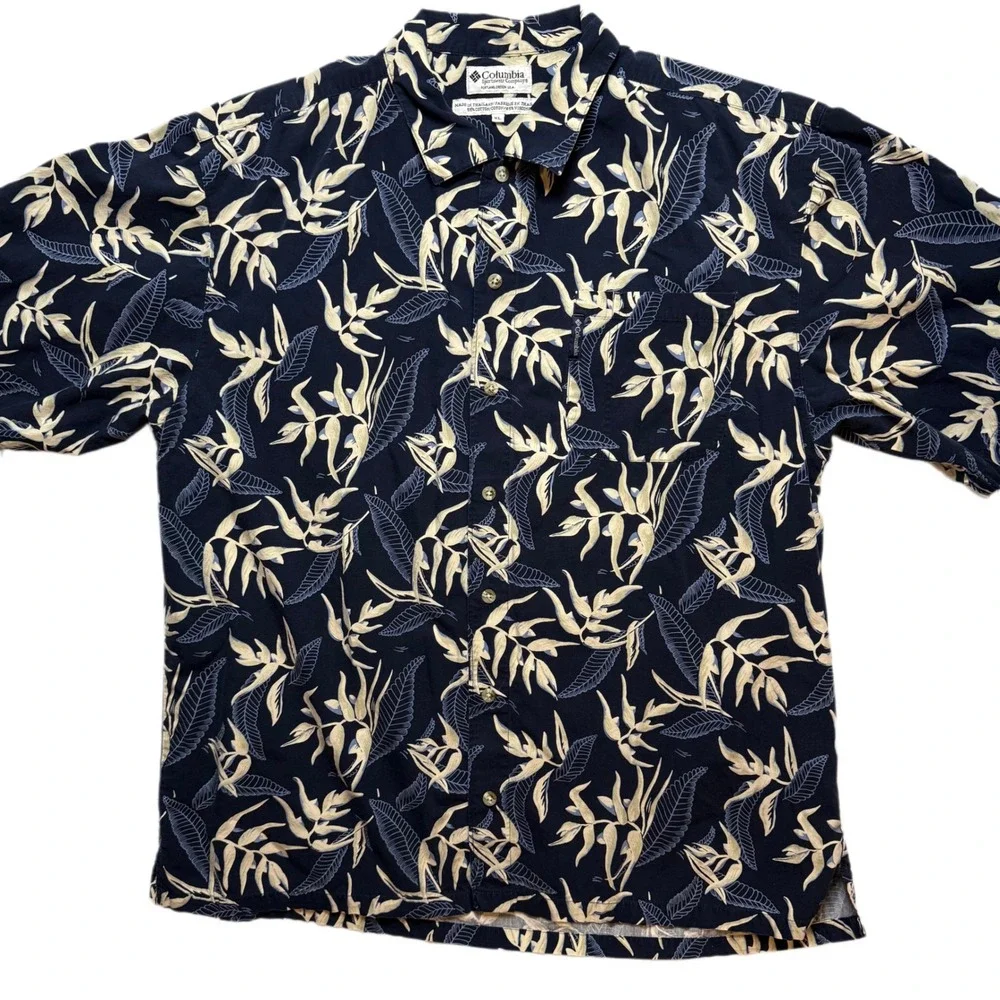 Columbia Mens XL Navy‎ Blue Button Up Shirt Short Sleeve Leaf Print Hawaiian